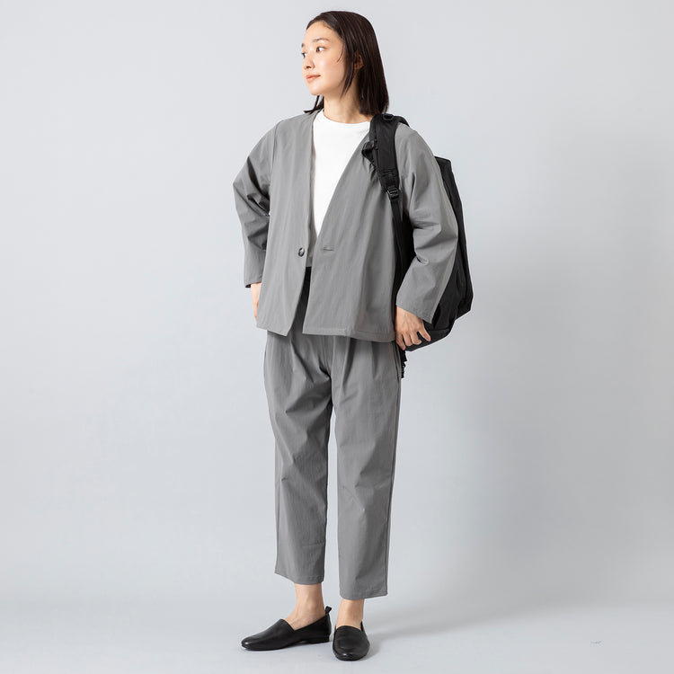 モデル身長163cm,NARU FACTORYのナイロン4WAY ノーカラージャケット|NARU FACTORYのナイロン4WAY スラックス|facciamoのMeringa(メリンガ),https://market.e-begin.jp/products/mdm_nar0132q_lala|https://market.e-begin.jp/products/mdm_nar0130q_lala|https://market.e-begin.jp/products/are_fac0636k_lala