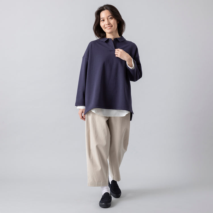 モデル身長160cm,corailのボックスポロPO|Le Melangeのハイツイストジャージーレイヤードプルオーバー|HEAVENLYの10oz Denim Tuck Easy Pants|MoonstarのオールネイビーのコットンスエードLOAFY,https://market.e-begin.jp/products/etr_cor0890r_lala|https://market.e-begin.jp/products/inf_lem0486r_lala|https://market.e-begin.jp/products/dlt_hvr0929r_lala|https://market.e-begin.jp/products/mns_mns0147p_lala
