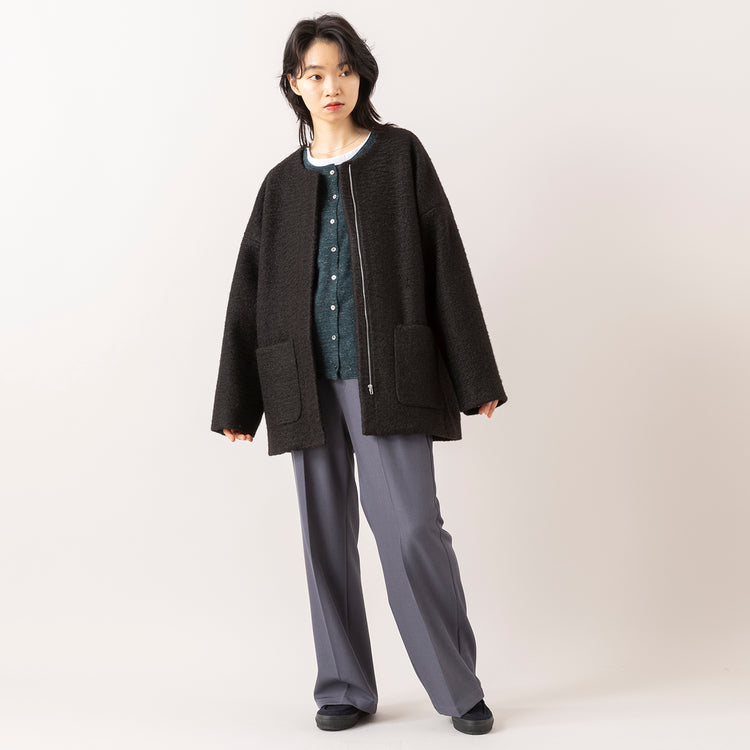 モデル身長165cm,ESPEYRACのノーカラーコート|HEAVENLYのCotton Linen Wool Mix Knit 2way Cardigan|FIL DE FERのポリエステルカルゼセンタープレスパンツ,https://market.e-begin.jp/products/inf_epe1050s_lala|https://market.e-begin.jp/products/dlt_hvr0997s_lala|https://market.e-begin.jp/products/rdx_fdf1058s_lala