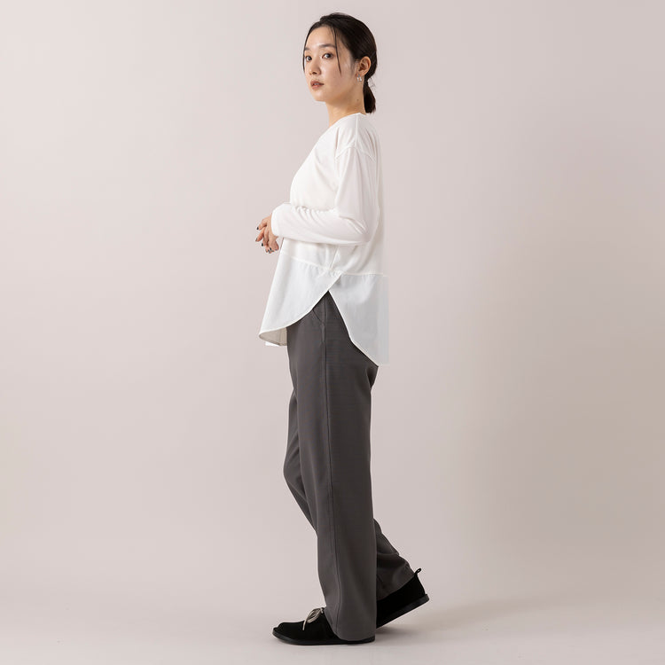 モデル身長163cm,LE MELANGEの裾切り替えレイヤードインナー|UNIVERSAL OVERALLのオンオフ使えるハンサムパンツ|DiuのHortensia|NEI/NORのスクエアチャームピアス,https://market.e-begin.jp/products/inf_lem1170s_lala|https://market.e-begin.jp/products/dre_uni0211s_lala|https://market.e-begin.jp/products/cil_diu1166s_lala|https://market.e-begin.jp/products/ris_ner0789s_lala