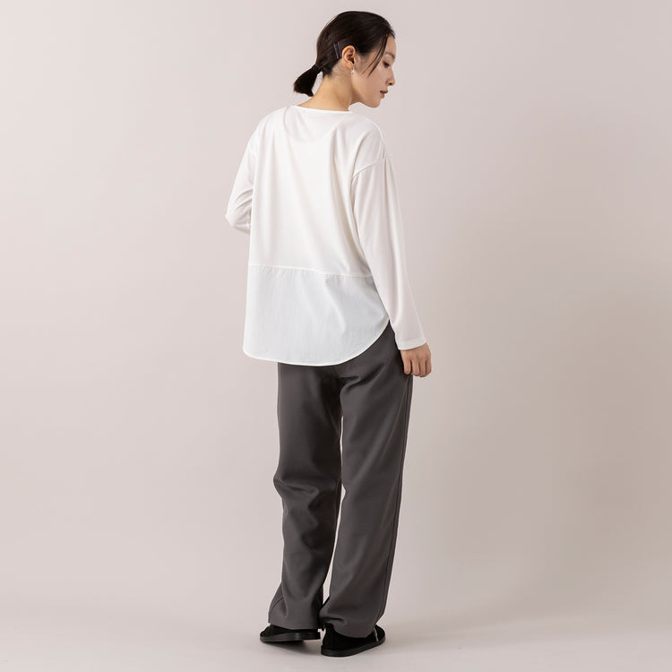 モデル身長163cm,LE MELANGEの裾切り替えレイヤードインナー|UNIVERSAL OVERALLのオンオフ使えるハンサムパンツ|DiuのHortensia|NEI/NORのスクエアチャームピアス,https://market.e-begin.jp/products/inf_lem1170s_lala|https://market.e-begin.jp/products/dre_uni0211s_lala|https://market.e-begin.jp/products/cil_diu1166s_lala|https://market.e-begin.jp/products/ris_ner0789s_lala