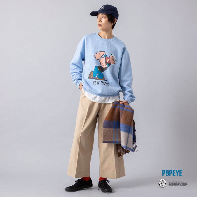 モデル身長163cm,GOODWEARのPOPEYE PRINT CREW SWEAT|Le Melangeのハイツイストジャージーレイヤードプルオーバー|UNIVERSAL OVERALLのタッククロップドパンツ|Moonstarの帰ってきたDECK SPORT|PROGRESS RUNNING CLUBのBADGE Logo Cap|SHOWATABÉのCashmere Cotton Ribbed Socks|BOYNA ORIGINALのシルケットウールのブルー×ブラウンストール,https://market.e-begin.jp/products/sta_gdw0846r_lala|https://market.e-begin.jp/products/inf_lem0486r_lala|https://market.e-begin.jp/products/dre_uni0755o_lala|https://market.e-begin.jp/products/mns_mns0718r_lala|https://market.e-begin.jp/products/gra_pgr0248r_lala|h