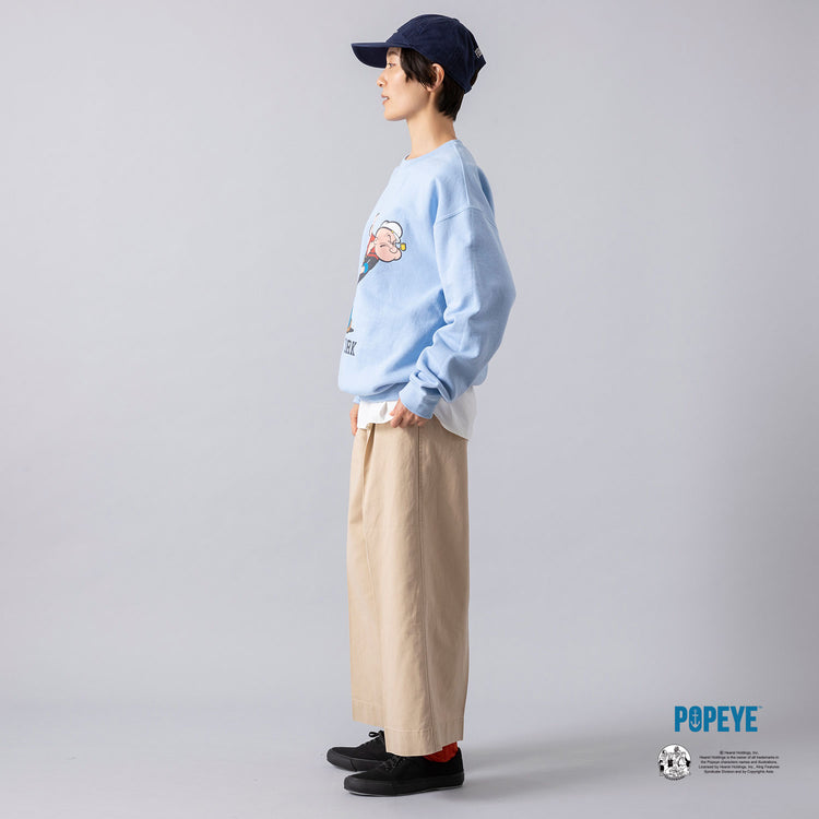 モデル身長163cm,GOODWEARのPOPEYE PRINT CREW SWEAT|Le Melangeのハイツイストジャージーレイヤードプルオーバー|UNIVERSAL OVERALLのタッククロップドパンツ|Moonstarの帰ってきたDECK SPORT|PROGRESS RUNNING CLUBのBADGE Logo Cap|SHOWATABÉのCashmere Cotton Ribbed Socks|BOYNA ORIGINALのシルケットウールのブルー×ブラウンストール,https://market.e-begin.jp/products/sta_gdw0846r_lala|https://market.e-begin.jp/products/inf_lem0486r_lala|https://market.e-begin.jp/products/dre_uni0755o_lala|https://market.e-begin.jp/products/mns_mns0718r_lala|https://market.e-begin.jp/products/gra_pgr0248r_lala|h