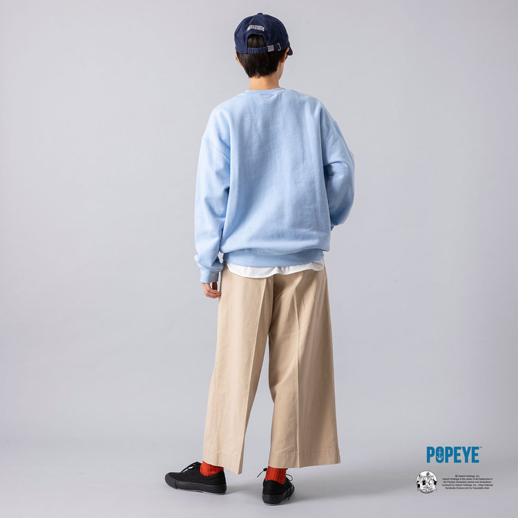モデル身長163cm,GOODWEARのPOPEYE PRINT CREW SWEAT|Le Melangeのハイツイストジャージーレイヤードプルオーバー|UNIVERSAL OVERALLのタッククロップドパンツ|Moonstarの帰ってきたDECK SPORT|PROGRESS RUNNING CLUBのBADGE Logo Cap|SHOWATABÉのCashmere Cotton Ribbed Socks|BOYNA ORIGINALのシルケットウールのブルー×ブラウンストール,https://market.e-begin.jp/products/sta_gdw0846r_lala|https://market.e-begin.jp/products/inf_lem0486r_lala|https://market.e-begin.jp/products/dre_uni0755o_lala|https://market.e-begin.jp/products/mns_mns0718r_lala|https://market.e-begin.jp/products/gra_pgr0248r_lala|h