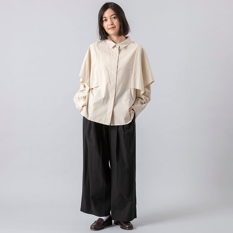 モデル身長 160cm,TUTIE.のコットンセルロースフレアショルダーブラウス|TUTIE.のコットンセルロースタックパンツ,https://market.e-begin.jp/products/equ_tte0959r_lala