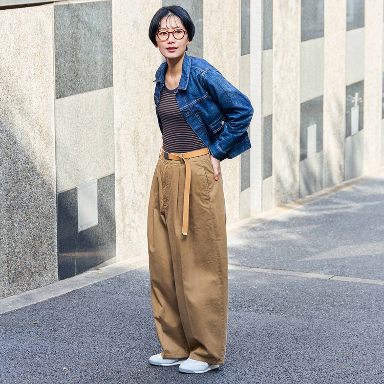 モデル身長 166cm（着用サイズ25）,caquのモダンジャケット type2nd|Healthknitのベーシックボーダーフライス タンクトップ|esperantoのROLL BUCKLE BELT/25mm,https://market.e-begin.jp/products/tan_caq0201n_lala|https://market.e-begin.jp/products/she_hea0545o_lala|https://market.e-begin.jp/products/esp_esp0655s_lala