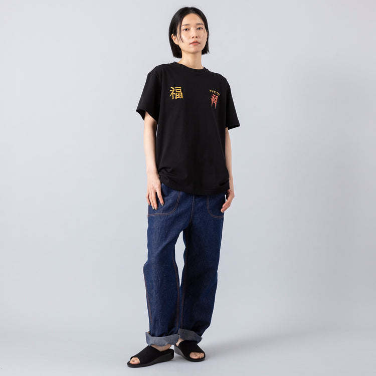 (黒)Kyoto No.02 京都ノ地図 着用サイズM (モデル身長163cm),caquのリネンランチパンツ(rinse)|HEPサンダルのHTLブラック,https://market.e-begin.jp/products/tan_caq0008i_lala|https://market.e-begin.jp/products/hep_hep0762o_lala