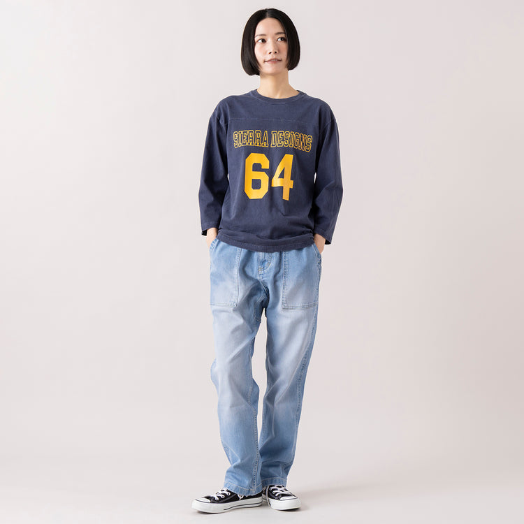 着用サイズM (モデル身長165cm),SIERRA DESIGNSのフットボールTEE|GramicciのSTRETCH DENIM LOOSE TAPERED RIDGE PANT,https://market.e-begin.jp/products/arg_sie1183s_lala|https://market.e-begin.jp/products/inc_grm1196s_lala