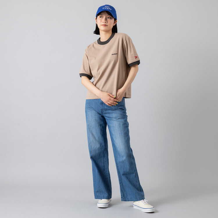 モデル身長168cm,Healthknitのオープンエンド ドライジャージー リンガーTシャツ|caquのFSリネンワイドフレア,https://market.e-begin.jp/products/she_hea0668q_lala|https://market.e-begin.jp/products/tan_caq0739q_lala