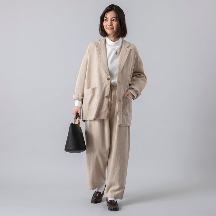 モデル身長 160cm,uncinqのCotton 100/2 Broad Frillneck Pullover|HEAVENLYのLinen Rayon Wide Tapered Pants|TIDEWAYのARRG HNDL 2W BASKET|rapiécageの後ろ姿もきれいなスライドチェーンコインネックレス,https://market.e-begin.jp/products/dlt_unc0864r_lala|https://market.e-begin.jp/products/dlt_hvr0973r_lala|https://market.e-begin.jp/products/snk_tid0622q_lala|https://market.e-begin.jp/products/rdx_rpc1183n_lala