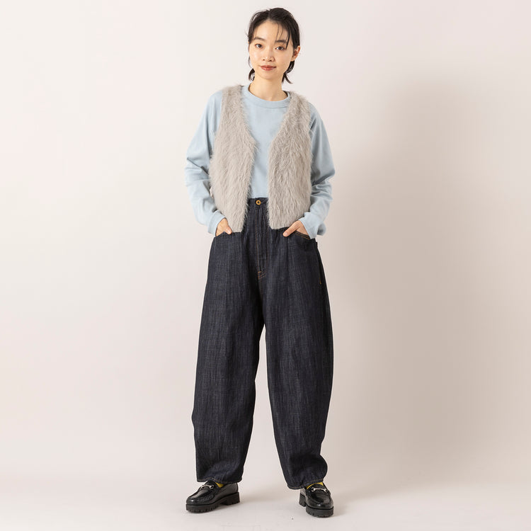 モデル身長165cm,euphoric moodのThimble Rib Tops|HEAVENLYのKnit Shaggy Yarn Vest|URCH RNAのコックさんの5ポケットパンツ ONE WASH,https://market.e-begin.jp/products/hpn_eup1008s_lala|https://market.e-begin.jp/products/dlt_hvr0998s_lala|https://market.e-begin.jp/products/tky_urr0784s_lala