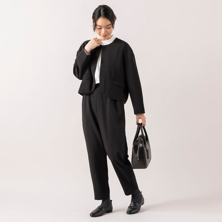 モデル身長165cm,uncinqのCrepe Crewneck Jacket|uncinqのCotton 100/2Broad Standneck Pullover|TIDEWAYのワントーンモスボストンM|facciamoのMeringa（メリンガ）,https://market.e-begin.jp/products/dlt_unc0931r_lala|https://market.e-begin.jp/products/dlt_unc1007l_lala|https://market.e-begin.jp/products/snk_tid0874p_lala|https://market.e-begin.jp/products/are_fac0636k_lala