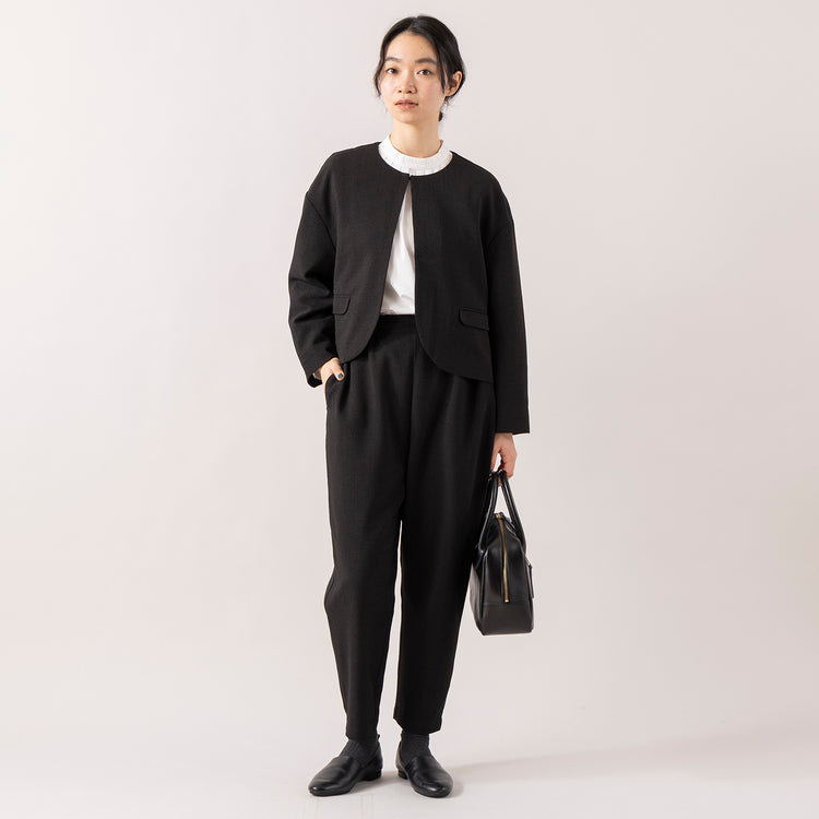 モデル身長165cm,uncinqのCrepe Crewneck Jacket|uncinqのCotton 100/2Broad Standneck Pullover|TIDEWAYのワントーンモスボストンM|facciamoのMeringa（メリンガ）,https://market.e-begin.jp/products/dlt_unc0931r_lala|https://market.e-begin.jp/products/dlt_unc1007l_lala|https://market.e-begin.jp/products/snk_tid0874p_lala|https://market.e-begin.jp/products/are_fac0636k_lala