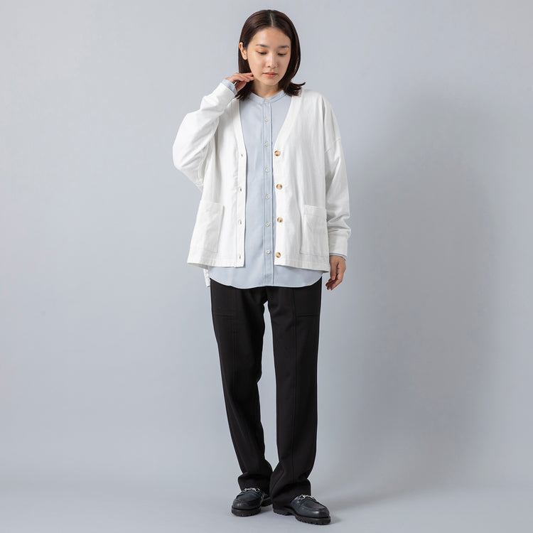 着用サイズM (身長163cm),HeavenlyのOrganic Cotton CS Wide Cardigan|ciaoのバンドカラーReflax®リフラクスとろみシャツ|Jalan Sriwijayaのネイビービットローファー VIBRAMソール,https://market.e-begin.jp/products/dlt_hvr0023r_lala|https://market.e-begin.jp/products/hag_cia0225r_lala|https://market.e-begin.jp/products/gmt_srw1032p_lala