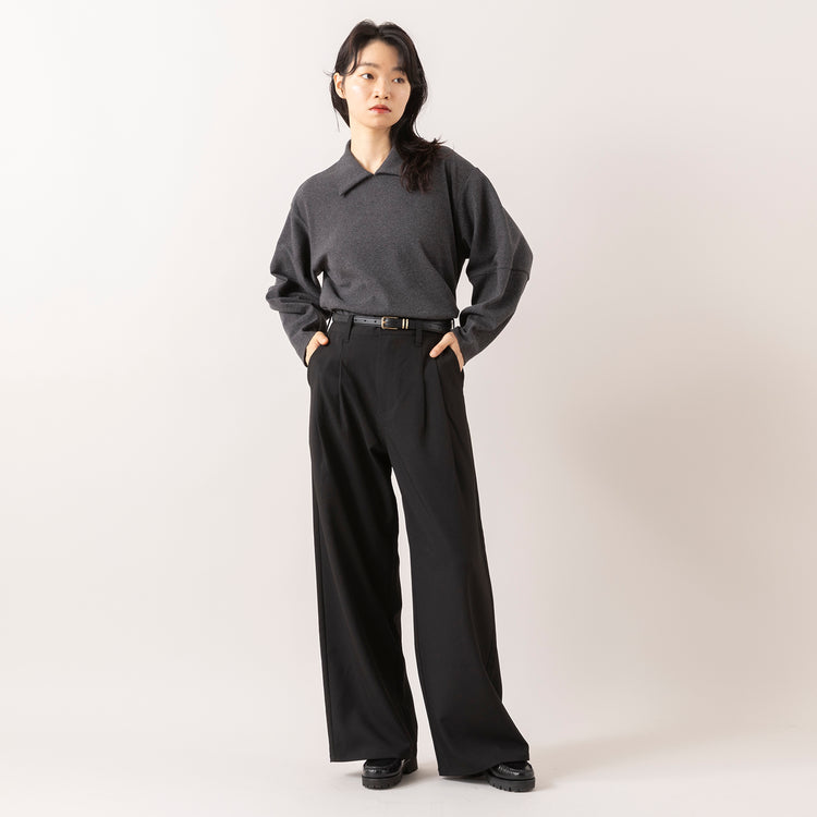 モデル身長165cm,euphoric moodのCollared Rib Tops|UNIVERSAL OVERALLの2TUCK WIDE STRAIGHT PANTS,https://market.e-begin.jp/products/hpn_eup1009s_lala|https://market.e-begin.jp/products/dre_uni1061s_lala