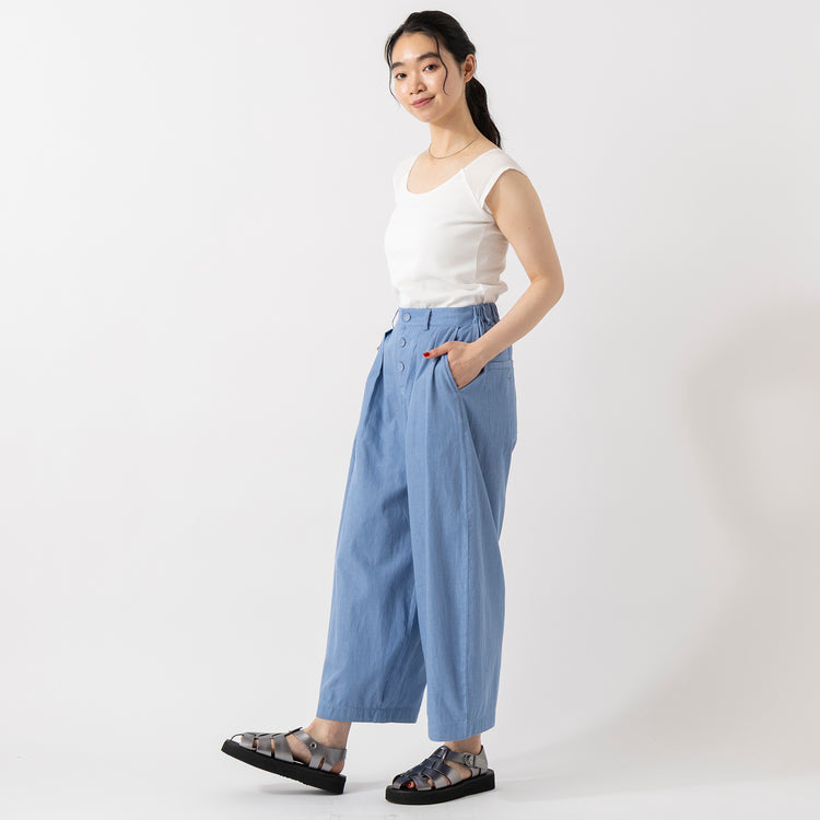 モデル身長165cm,HEAVENLYのLinen Frenchsleeve Wide Shirt|TUTIE.のコットンリネンデニムタックパンツ|Organic handloomのGURKHA PLATFORM|MASTER&Co.のクウォーターメッシュレザーベルト|Taaiiのベネチアンチェーンスリムネックレス,https://market.e-begin.jp/products/dlt_hvr0400u_lala|https://market.e-begin.jp/products/equ_tte0274u_lala|https://market.e-begin.jp/products/sed_ogh0417u_lala|https://market.e-begin.jp/products/mhg_msc0819p_lala|https://market.e-begin.jp/products/tii_tii1120n_lala