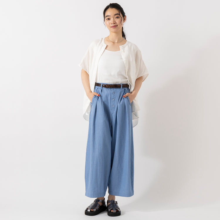 モデル身長165cm,HEAVENLYのLinen Frenchsleeve Wide Shirt|TUTIE.のコットンリネンデニムタックパンツ|Organic handloomのGURKHA PLATFORM|MASTER&Co.のクウォーターメッシュレザーベルト|Taaiiのベネチアンチェーンスリムネックレス,https://market.e-begin.jp/products/dlt_hvr0400u_lala|https://market.e-begin.jp/products/equ_tte0274u_lala|https://market.e-begin.jp/products/sed_ogh0417u_lala|https://market.e-begin.jp/products/mhg_msc0819p_lala|https://market.e-begin.jp/products/tii_tii1120n_lala
