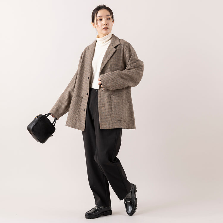 モデル身長163cm,YARMO THE UNIFORMのWork Jacket_Gingham|WHITE MAILSのタートルネック|ARCH&LINEのSTRETCH CREW PANTS|タイドウェイの2WAY MOSSボストン,https://market.e-begin.jp/products/gra_ytu1214s_lala|https://market.e-begin.jp/products/hrt_wns0730n_lala|https://market.e-begin.jp/products/ach_ach1163s_lala|https://market.e-begin.jp/products/snk_tid0304j_lala