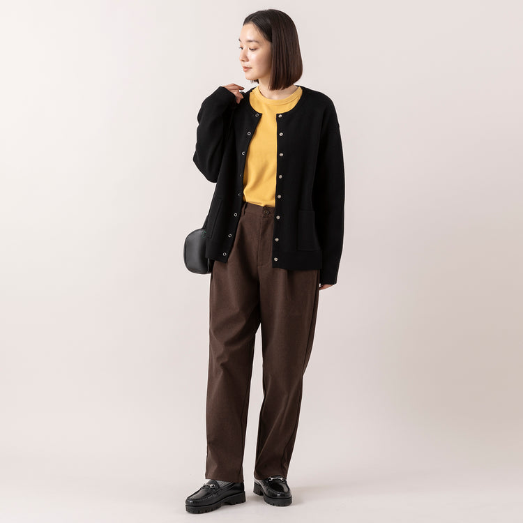 モデル身長163cm,HEAVENLYのWool Mix Smooth Knit Cardigan|gym masterのダブルフェイス クルーネック|ARCH&LINEのSTRETCH CREW PANTS|DiuのLilio,https://market.e-begin.jp/products/dlt_hvr1189s_lala|https://market.e-begin.jp/products/grd_gym1194s_lala|https://market.e-begin.jp/products/ach_ach1163s_lala|https://market.e-begin.jp/products/cil_diu1167s_lala