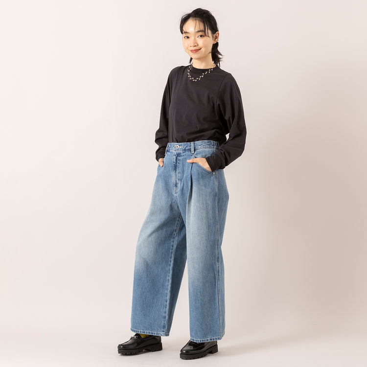 モデル身長165cm,euphoric moodのShoulder Point Tops|VENT BLANC+の12ozデニム ワイドパンツ|meri ja kuuのリブ先丸シルクコットンソックス|rapiécageのジグザグパールスライダーネックレス,https://market.e-begin.jp/products/hpn_eup1007s_lala|https://market.e-begin.jp/products/stl_ven1056s_lala|https://market.e-begin.jp/products/hpn_mjk1012s_lala|https://market.e-begin.jp/products/rdx_rpc1014s_lala