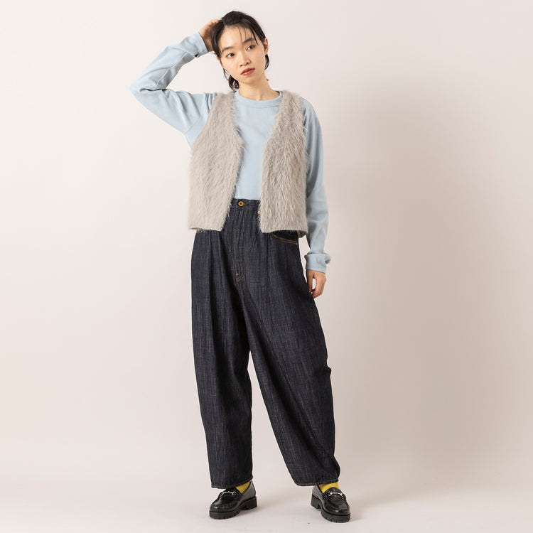モデル身長165cm,euphoric moodのThimble Rib Tops|HEAVENLYのKnit Shaggy Yarn Vest|URCH RNAのコックさんの5ポケットパンツ ONE WASH,https://market.e-begin.jp/products/hpn_eup1008s_lala|https://market.e-begin.jp/products/dlt_hvr0998s_lala|https://market.e-begin.jp/products/tky_urr0784s_lala