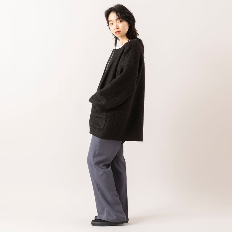 モデル身長165cm,ESPEYRACのノーカラーコート|HEAVENLYのCotton Linen Wool Mix Knit 2way Cardigan|FIL DE FERのポリエステルカルゼセンタープレスパンツ,https://market.e-begin.jp/products/inf_epe1050s_lala|https://market.e-begin.jp/products/dlt_hvr0997s_lala|https://market.e-begin.jp/products/rdx_fdf1058s_lala