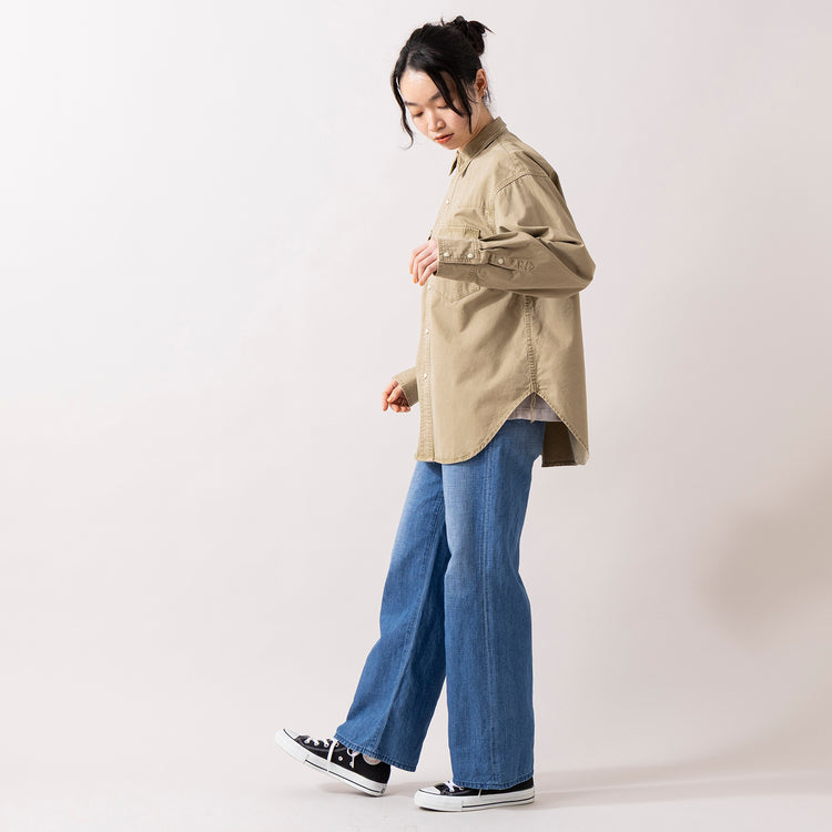 モデル身長165cm,caquのFSリネンワイドフレア|rapiécageのダブルUラインイヤカフ,https://market.e-begin.jp/products/tan_caq0739q_lala|https://market.e-begin.jp/products/rdx_rpc0110u_lala