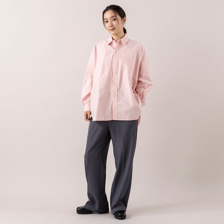 モデル身長163cm,FIL DE FERのポリエステルピーチ ビッグシャツ|FIL DE FERのポリエステルカルゼセンタープレスパンツ|SMLのBIG SILHOUETTE SHOULDER,https://market.e-begin.jp/products/rdx_fdf1177s_lala|https://market.e-begin.jp/products/rdx_fdf1058s_lala|https://market.e-begin.jp/products/ino_sml1171s_lala