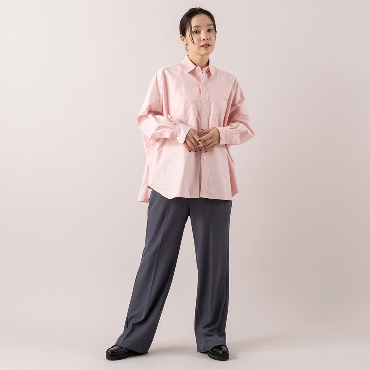 モデル身長163cm,FIL DE FERのポリエステルピーチ ビッグシャツ|FIL DE FERのポリエステルカルゼセンタープレスパンツ|SMLのBIG SILHOUETTE SHOULDER,https://market.e-begin.jp/products/rdx_fdf1177s_lala|https://market.e-begin.jp/products/rdx_fdf1058s_lala|https://market.e-begin.jp/products/ino_sml1171s_lala