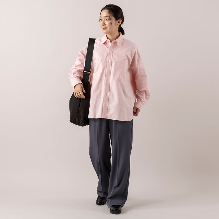 モデル身長163cm,FIL DE FERのポリエステルピーチ ビッグシャツ|FIL DE FERのポリエステルカルゼセンタープレスパンツ|SMLのBIG SILHOUETTE SHOULDER,https://market.e-begin.jp/products/rdx_fdf1177s_lala|https://market.e-begin.jp/products/rdx_fdf1058s_lala|https://market.e-begin.jp/products/ino_sml1171s_lala