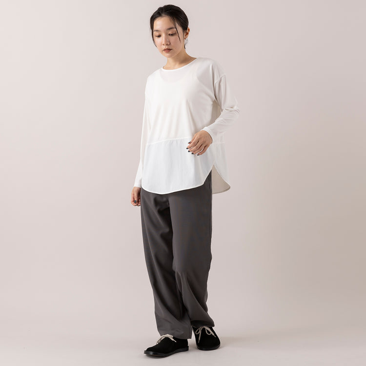 モデル身長163cm,LE MELANGEの裾切り替えレイヤードインナー|UNIVERSAL OVERALLのオンオフ使えるハンサムパンツ|DiuのHortensia|NEI/NORのスクエアチャームピアス,https://market.e-begin.jp/products/inf_lem1170s_lala|https://market.e-begin.jp/products/dre_uni0211s_lala|https://market.e-begin.jp/products/cil_diu1166s_lala|https://market.e-begin.jp/products/ris_ner0789s_lala