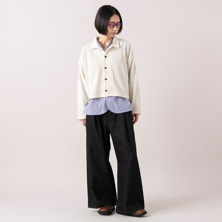 モデル身長165cm,LE MELANGEのベロアジャガード開襟シャツ|MANUAL ALPHABETのBROAD BAND COLOR SHIRT|VENT BLANC+の12ozデニム ワイドパンツ|Organic handloomのSHELLY|LE FOONのCrown panto pc-classic,https://market.e-begin.jp/products/inf_lem1275s_lala|https://market.e-begin.jp/products/mks_man0870j_lala|https://market.e-begin.jp/products/stl_ven1056s_lala|https://market.e-begin.jp/products/sed_ogh1252s_lala|https://market.e-begin.jp/products/lef_lef1273s_lala