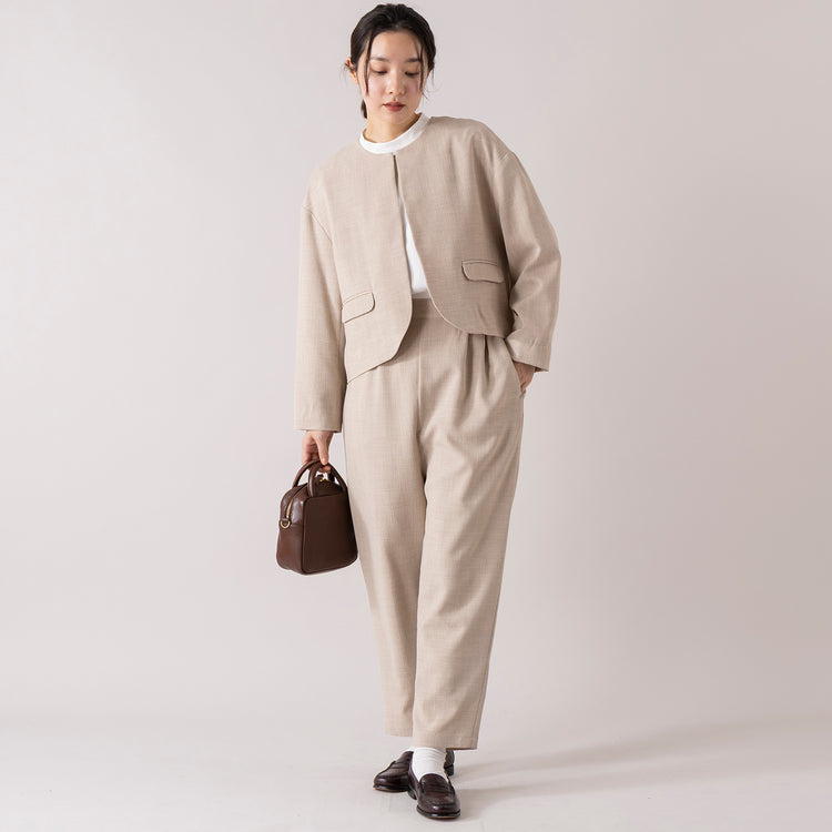モデル身長163cm,uncinqのCrepe Fabric Narrow Pants|uncinqのCotton 100/2Broad Standneck Pullover|TIDEWAYの別注 2WAY MOSSボストン,https://market.e-begin.jp/products/dlt_unc1539s_lala|https://market.e-begin.jp/products/dlt_unc1007l_lala|https://market.e-begin.jp/products/snk_tid0304j_lala