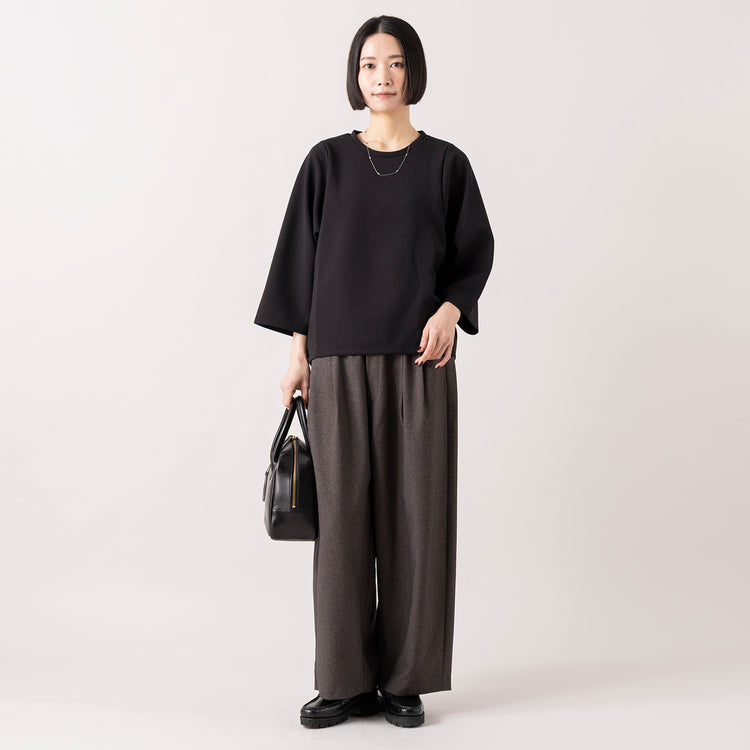 モデル身長165cm,LE MELANGEの8分丈ジョーゼットPO|HEAVENLYのSerge Stretch Volume Easy Pants|TIDEWAYのワントーンモスボストンM|NEI/NORの大人の華奢見せダイヤモチーフネックレス,https://market.e-begin.jp/products/inf_lem1053s_lala|https://market.e-begin.jp/products/dlt_hvr1265s_lala|https://market.e-begin.jp/products/snk_tid0874p_lala|https://market.e-begin.jp/products/ris_ner1302s_lala