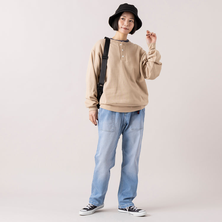 モデル身長165cm,Healthknitのクラシックスウェット ヘンリーネック長袖|GramicciのSTRETCH DENIM LOOSE TAPERED RIDGE PANT|TESTIFYのGraphen Hat,https://market.e-begin.jp/products/she_hea0308p_lala|https://market.e-begin.jp/products/inc_grm1196s_lala|https://market.e-begin.jp/products/ipb_tsf1305s_lala