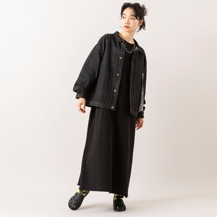モデル身長165cm,80/40 BY SKEVEの40inch SELVEDGE DENIM JK（BLACK）|RNA-Nのヴィンテージミニ裏毛タックデザインワンピース|DiuのPommier|meri ja kuuのリブ先丸シルクコットンソックス|rapiécageのジグザグパールスライダーネックレス,https://market.e-begin.jp/products/sta_ske0983s_lala|https://market.e-begin.jp/products/tky_rnn1004s_lala|https://market.e-begin.jp/products/cil_diu0800s_lala|https://market.e-begin.jp/products/hpn_mjk1012s_lala|https://market.e-begin.jp/products/rdx_rpc1014s_lala