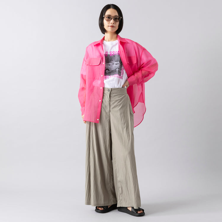 モデル身長165cm,JOHNBULLのFORD Tシャツ|corailのサイドタックフレアパンツ,https://market.e-begin.jp/products/jbu_jbu0637s_lala|https://market.e-begin.jp/products/etr_cor0631s_lala
