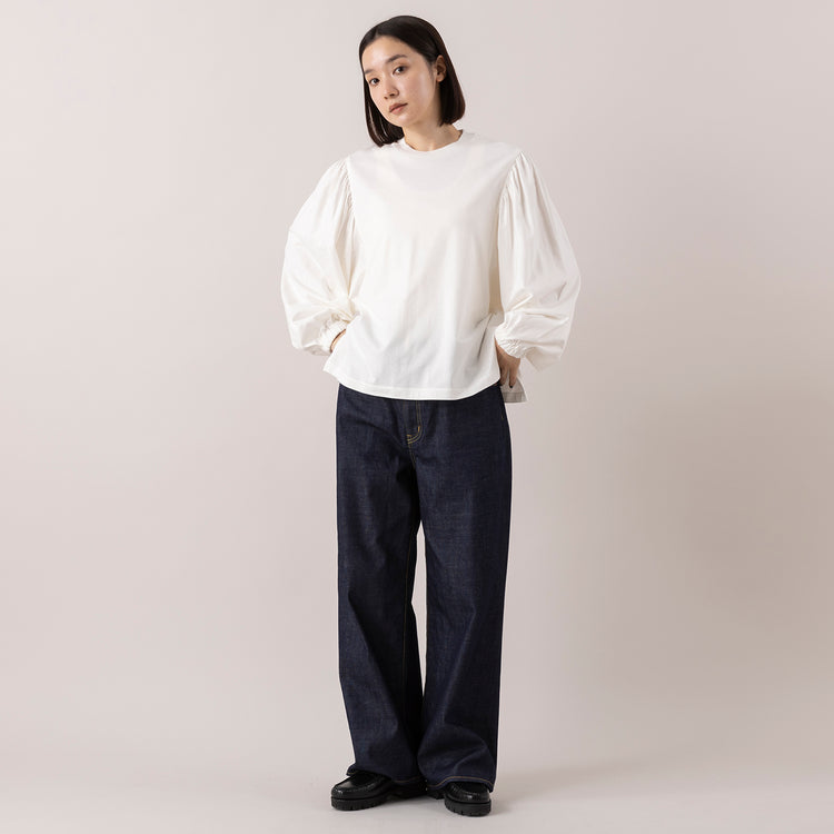 モデル身長163cm,MANONのGATHER SLEEVE LS TEE|caquのFSワイドボーイズ,https://market.e-begin.jp/products/mks_mnn1173s_lala|https://market.e-begin.jp/products/tan_caq1164s_lala