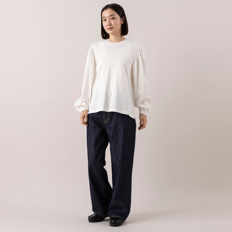 モデル身長163cm,MANONのGATHER SLEEVE LS TEE|caquのFSワイドボーイズ,https://market.e-begin.jp/products/mks_mnn1173s_lala|https://market.e-begin.jp/products/tan_caq1164s_lala
