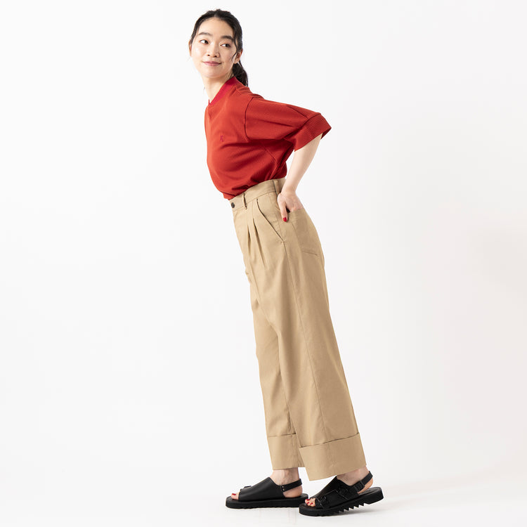 モデル身長165cm,NOMBRE IMPAIRの刺繍入りライトワッフル スキッパープルオーバー|FIL DE FERのシャンブレーツイル ワイドターンアップパンツ|Organic handloomのSIENA|Taaiiのベネチアンチェーンスリムネックレス,https://market.e-begin.jp/products/rdx_nmi0414u_lala|https://market.e-begin.jp/products/sed_ogh0418u_lala|https://market.e-begin.jp/products/tii_tii1120n_lala