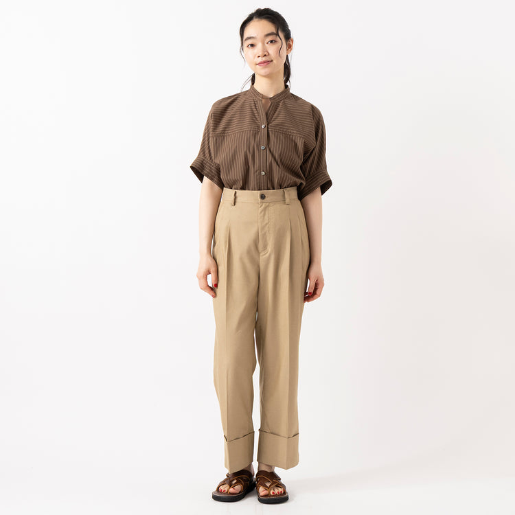 モデル身長165cm,NOMBRE IMPAIRの綿ストライプ バンザイシャツ|FIL DE FERのシャンブレーツイル ワイドターンアップパンツ|Organic handloomのDUBI,https://market.e-begin.jp/products/rdx_nmi0413u_lala|https://market.e-begin.jp/products/sed_ogh0416u_lala