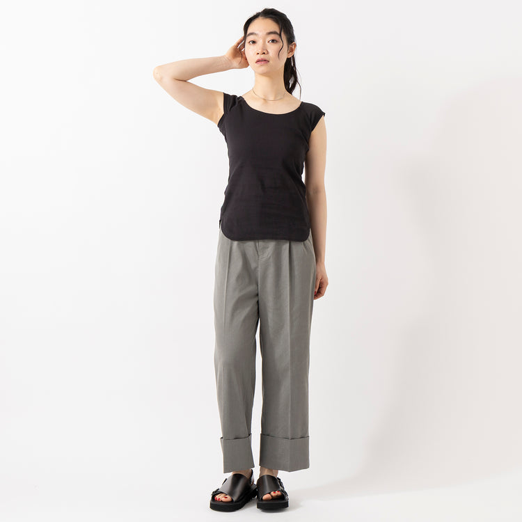 モデル身長165cm,YonetomiのCOTTON SUKASHI KNIT S/T|TUTIE.のタカシマチヂミノースリーブプルオーバー|FIL DE FERのシャンブレーツイル ワイドターンアップパンツ|Organic handloomのSIENA|Taaiiのベネチアンチェーンスリムネックレス,https://market.e-begin.jp/products/yts_ynt0431u_lala|https://market.e-begin.jp/products/equ_tte0275u_lala|https://market.e-begin.jp/products/sed_ogh0418u_lala|https://market.e-begin.jp/products/tii_tii1120n_lala