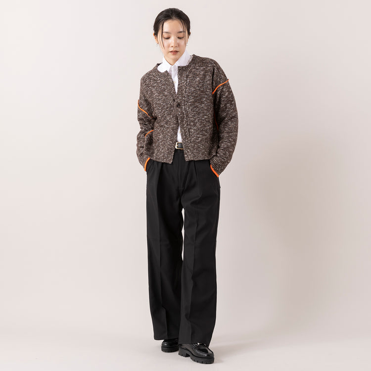 モデル身長163cm,FIL DE FERの捻り杢スラブ 配色ラインボレロ|ciaoのオックスフォードB.D.シャツ|Wranglerのタックフレアランチャーパンツ|NEI/NORのスクエアチャームピアス,https://market.e-begin.jp/products/rdx_fdf1178s_lala|https://market.e-begin.jp/products/hag_cia0077s_lala|https://market.e-begin.jp/products/edw_wrn1025p_lala|https://market.e-begin.jp/products/ris_ner0789s_lala