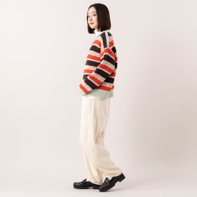 モデル身長163cm,FIL DE FERの両畦マルチボーダー ボートネックP/O|WHITE MAILSのCOTTON PAPER HIGH STRETCH TURTLENECK PULLOVER|RNA-Nのコックさんの5ポケットパンツ,https://market.e-begin.jp/products/rdx_fdf1179s_lala|https://market.e-begin.jp/products/hrt_wns0730n_lala|https://market.e-begin.jp/products/tky_rnn1181s_lala