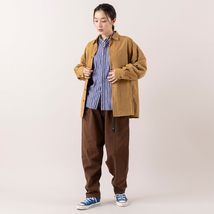 モデル身長163cm,FIL DE FERのポリエステルピーチ ビッグシャツ|MANONのGATHER SLEEVE BAND COLLAR SHT|ROKXのCARGA PANT,https://market.e-begin.jp/products/rdx_fdf1177s_lala|https://market.e-begin.jp/products/mks_mnn1174s_lala|https://market.e-begin.jp/products/sct_rok1193s_lala