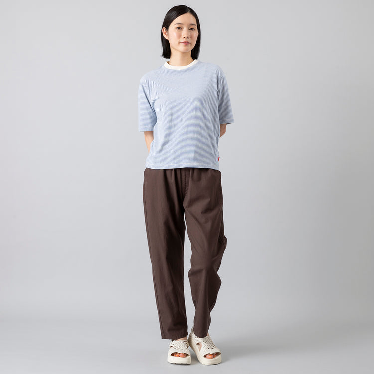 モデル身長168cm,Healthknitのナローボーダークルーネック半袖Tシャツ|LeeのFLEEASY