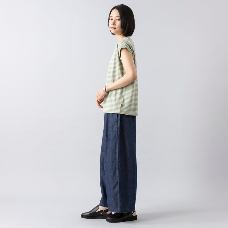 モデル身長165cm,HeavenlyのCotton Linen 4.5oz Denim Wide Pants|GLENFIELDのシャークソールビジネスサンダル,https://market.e-begin.jp/products/dlt_hvr0753s_lala|https://market.e-begin.jp/products/jal_gfd0392q_lala