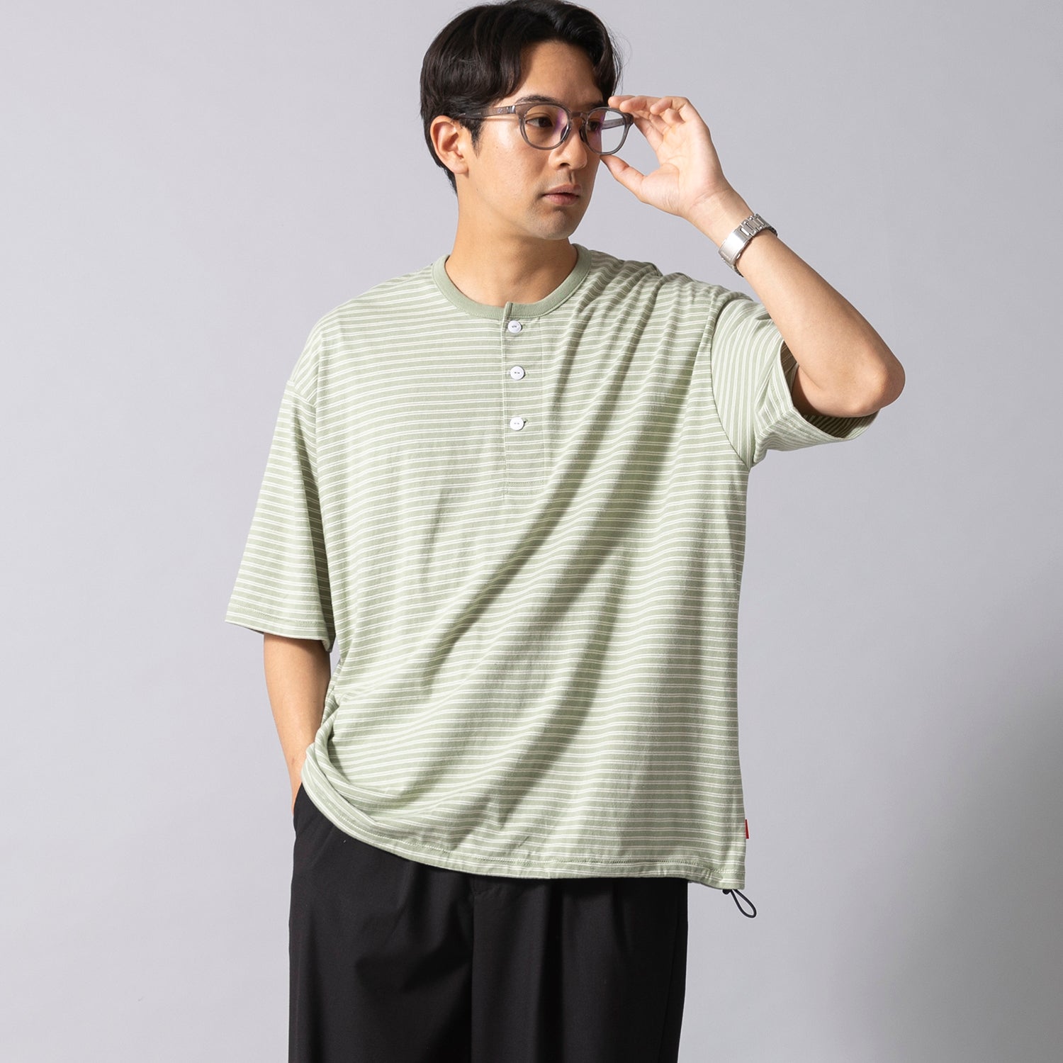 Healthknit | ヘルスニット クラシックボーダー ワイドヘンリーネック