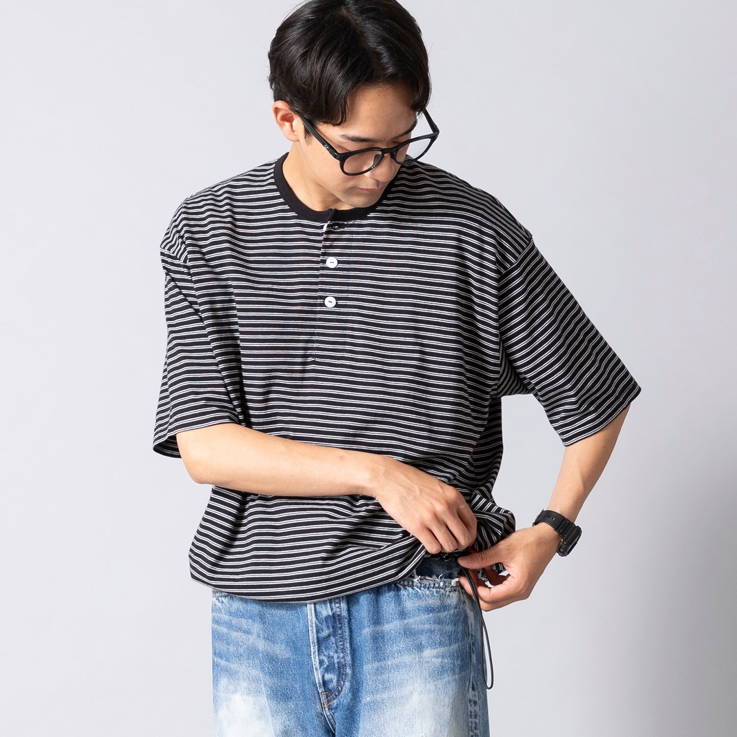 Healthknit | ヘルスニット クラシックボーダー ワイドヘンリーネック