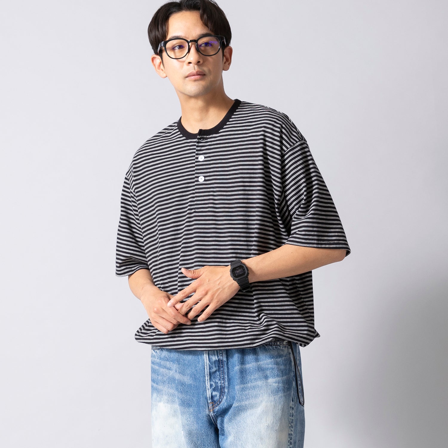 Healthknit | ヘルスニット クラシックボーダー ワイドヘンリーネック